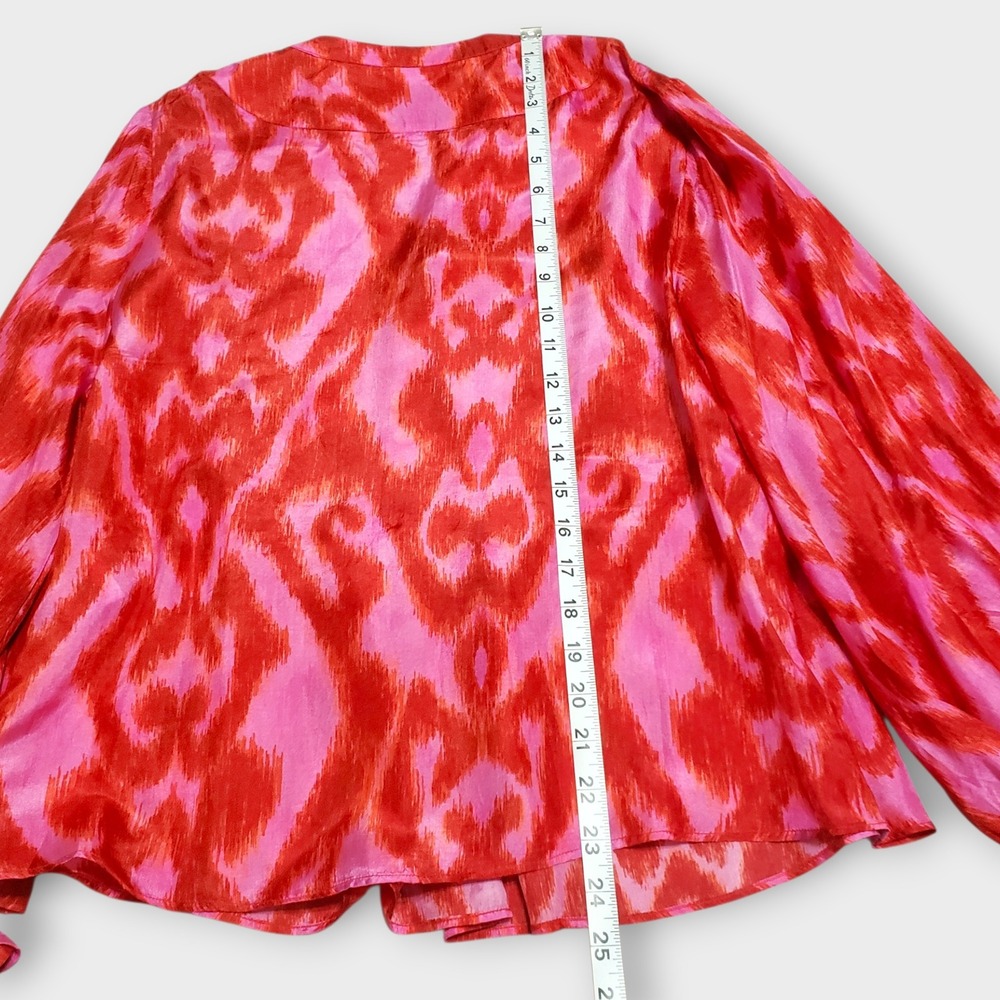 Maria Cher Loose Fit 100% Silk Blouse Pink Red Ikat Print Bishop Sleeve Large - Picture 11 of 11